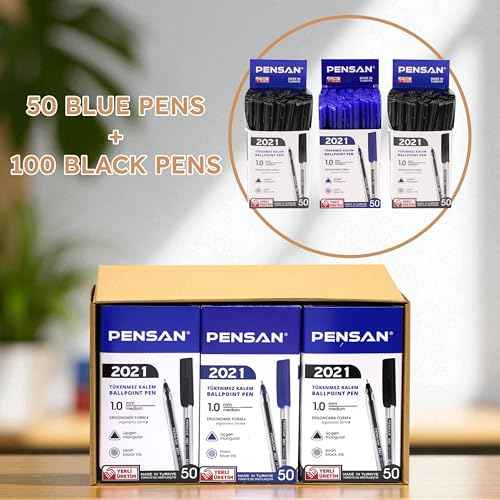 PENSAN Ballpoint Pens Bulk Pack, 150-Count ? (100 Black & 50 Blue) Ink Pens, 1.0mm Medium Point, Ergonomic Triangle Grip, Smooth Writing