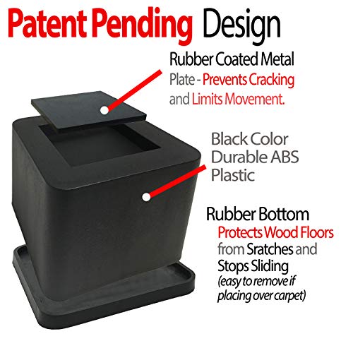 iPrimio Bed and Furniture Square Risers - 3 Inch Rise Size - Wont Crack & Scratch Floors - Heavy Duty Rubber Bottom - Patent Pending - Great for Wood and Carpet Surface (Black, 6)