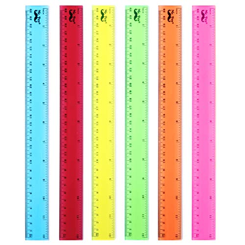 12 Inch Plastic Rulers Pack of 6 Assorted Colors - Office & Craft Measuring Tools
