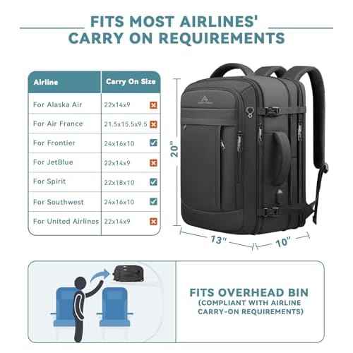Travel Backpack, 50L Expandable Extra Large Laptop Backpack, Carry On Backpack Water Resistant Business Suitcase Daypack Bag Fits 17 Inch Laptops, Travel Gifts for Men Women, Black