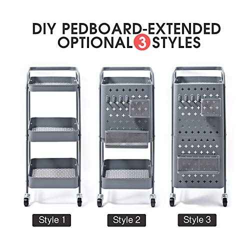 KINGRACK 3-Tier Rolling Cart, Metal Utility Cart with Pegboard, Storage Trolley Organizer Serving Cart with Handle and Extra Baskets Hooks for Kitchen Office Teacher Classroom, Grey