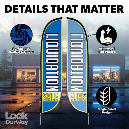 LookOurWay Feather Flag Pole Kit - 12 Feet Tall Advertising Flag Banner with Fiberglass Pole Kit and Ground Spike for Business Promotion - Furniture & Mattress Store - Liquidation Sale