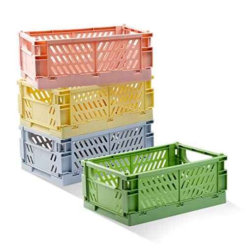 Xhwykzz 4 Pack Pastel Crates for Storage, Plastic Folding Basket, Colorful Small Storage Containers for Bedroom Office Classroom Bathroom Desktop Drawer Organizer Decor (9.8x6.5x3.8inch)