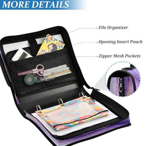 Purple Marble Waterproof Zipper Binder with Shoulder Strap, 3-Ring Trapper Keeper with Lay-Flat Design and Multiple Compartments for School & Office, Adults & Kids
