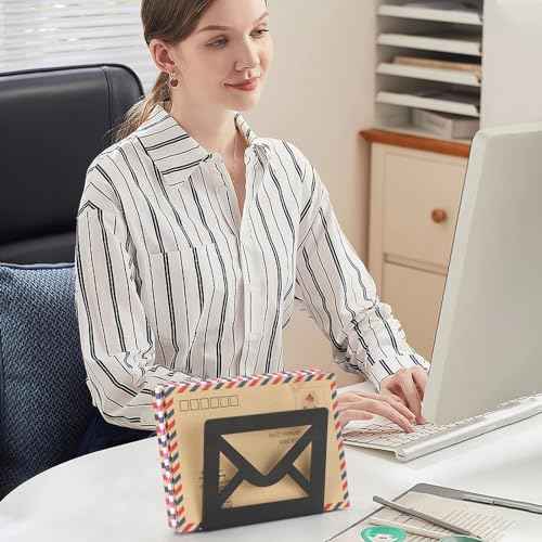 Desktop Metal Mail Holder,Modern Black Letter Organizer for Desk with Cutout Envelope Design,Home and Office Envelope and Document Storage Rack (Black)