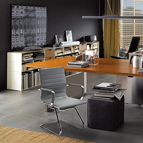 Wahson Office Guest Chairs No Wheels & Reception Chairs, Leather Waiting Room Chair Mid Back Conference Chairs with Sled Base for Meeting/Lobby/Restroom, Grey (10 Pack)
