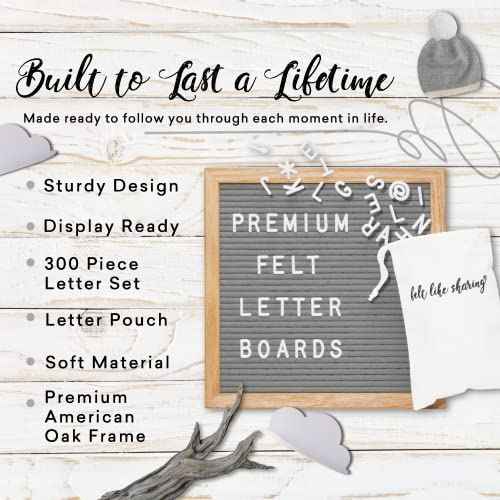 Felt Letter Board, 10x10in Changeable Letter Board with Letters White 300 Piece - Felt Message Board, Oak Frame Wooden Letter Board for Baby Announcements, Milestones, Office Decor & More (Gray)
