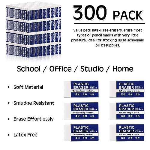 Yeaqee 300 Pcs White Pencil Erasers Bulk Soft Art Erasers School Pencil Erasers for Drawing Kids Student Artist Office Home Writing 1.57 x 0.71 x 0.31 Inch