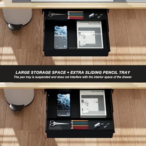 Under Desk Drawer(15.2''x10''x4'') with Sliding Pencil Tray, Desk Mounted Sliding Pull-out Drawer for Office Desk Drawer Attachment, Extra Storage Organizer for Sit Stand Workstation
