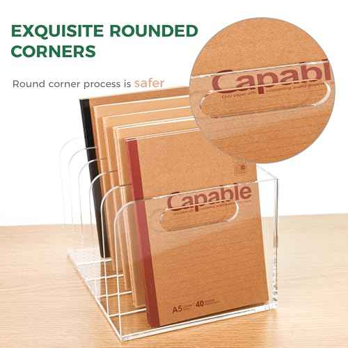 Clear Acrylic Organizers - 5 Vertical Compartments Acrylic Folder Organizer & File Organizer, Desk Document Storage Bins for Magazines, Binders - Multipurpose Home Office Desk Organizer