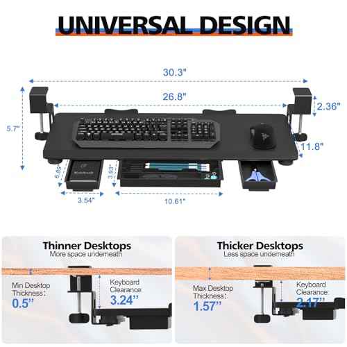 Large Keyboard Tray Under Desk Slide Out with Sturdy C-Clamp Mount and Storage Drawer, 27" (31" Including Clamps) x 12" Ergonomic Keyboard Trays for Home and Office, Black