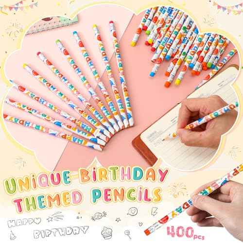 Kosiz 400pcs Happy Birthday Pencils Bulk for Students Classroom Back School Birthday Gifts Colorful Printed with Top Erasers Suitable for Teachers Class Reward Kids Party Supplies