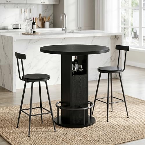 Hosnnile 3-Piece Round Bar Table Set with Storage, 31.5" Dining Table & 2 Bar Stools, Modern Farmhouse Kitchen