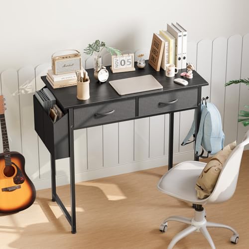 OLIXIS 32 Inch Small Desk with Drawers, Home Office Computer Desk with Storage Bag and Headphone Hook, Study Writing Table with Adjustable Feet for Bedroom, Black