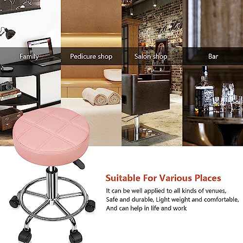 KKTONER Round Rolling Stool Chair PU Leather Height Adjustable Swivel Drafting Work SPA Shop Salon Stools with Wheels Office Chair Small (Pink)