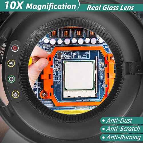 10X Magnifying Glass with Light and Stand, Head Button Control Magnifier Lamp with Dust Cover, 5 Color Modes Dimmable LED Lighted Magnifier with Clamp & Base for Painting Craft Close Work