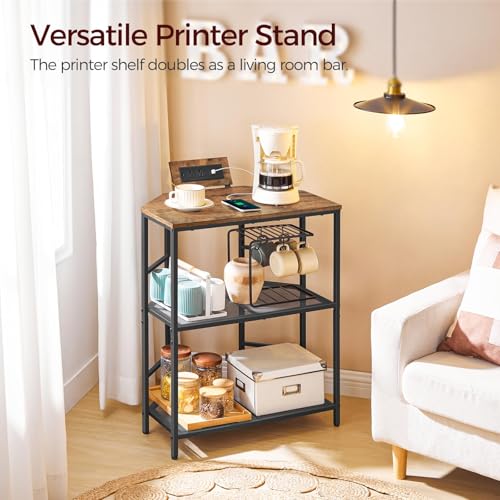 Corner Printer Stand with Charging Station, 3-Tier Large Printer Table with Adjustable Feet, Metal Frame Storage Shelf for Office, Living Room, Small Space, Rustic Brown PTHR14E01