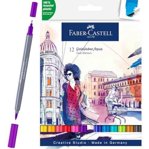 Faber-Castell Goldfaber Aqua Dual Tip Watercolor Markers - 12 Watercolor Brush Pens, Watercolor Markers for Adults, Real Brush Nib and Fineliner Tip Art Markers