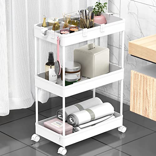 SPACELEAD White 3-Tier Rolling Cart with Wheels & Adjustable Shelves - Storage Organizer for Office, Bathroom & Kitchen
