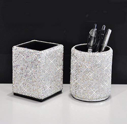 Bestbling crystal Pencil Pen Pot Holder Box Bling Rhinestone Pen organizer Holder Cosmetic Pen Container (Silver, Spquare)
