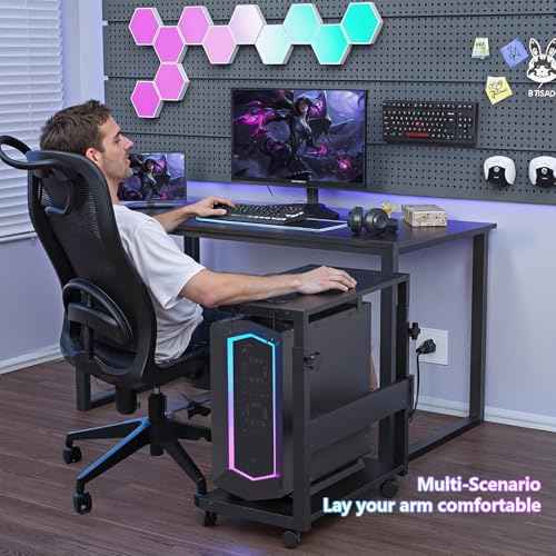 Computer Tower Stand with LED Light Strip,Mobile Rolling CPU Holder,Height Adjustable PC Tower Stand with Charging Station for Office Home (Black)