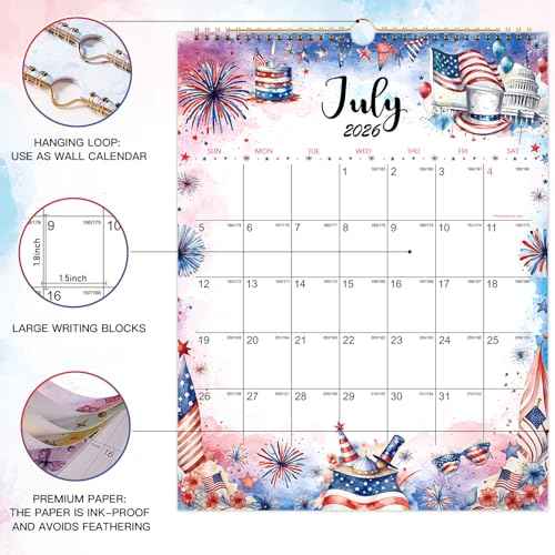 2026 Wall Calendar - 11.4" x 14.6", 2026 Wall Calendar 12 Month from JAN. - DEC. 2026, Twin-Wire Binding, Blank Block, Julian Dates, Hanging Loop, Holiday Reminder, Thick Paper
