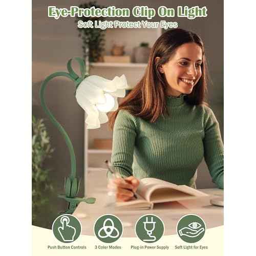 Clip on Light Flower Desk Lamp with Clamp,3 Color Modes LED Eye-Caring Reading Light Flexible Gooseneck Book Light Study Clip on Lamp for Desk Piano Office Headboard Dorm Bed (Green Lamp)