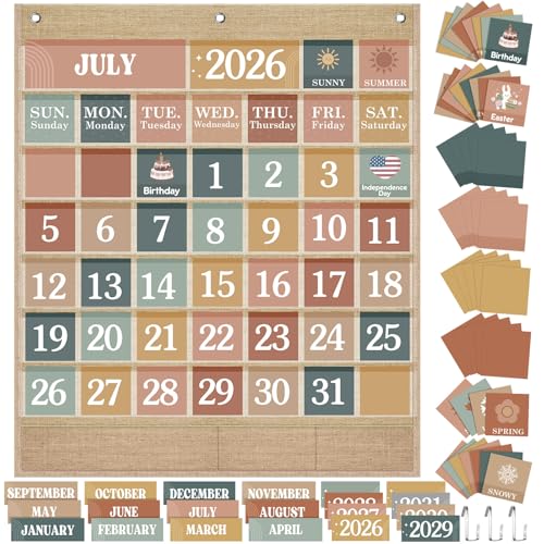 Sinload Linen Color Modern Boho Classroom Calendar Pocket Chart with Cards & Hooks
