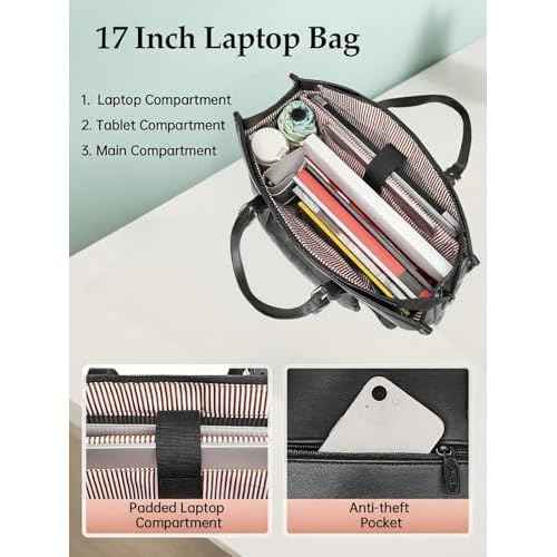 MATEIN 17 Inch Laptop Tote Bag for Women with Lunch Compartment, PU Leather Convertible Work Briefcase for Business, Professional Teacher Computer Handbags with Lunch Box for Office, Commute, Black