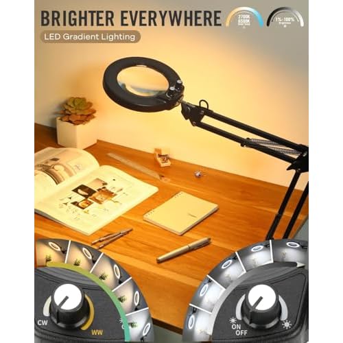 LANCOSC 10X Magnifying Glass with Light and Stand, Switch Knob for Multi-Color Modes Stepless Dimmable, LED Lighted Desk Lamp & Clamp, Hands Free Magnifier for Repair Crafts Hobby Painting Close Work