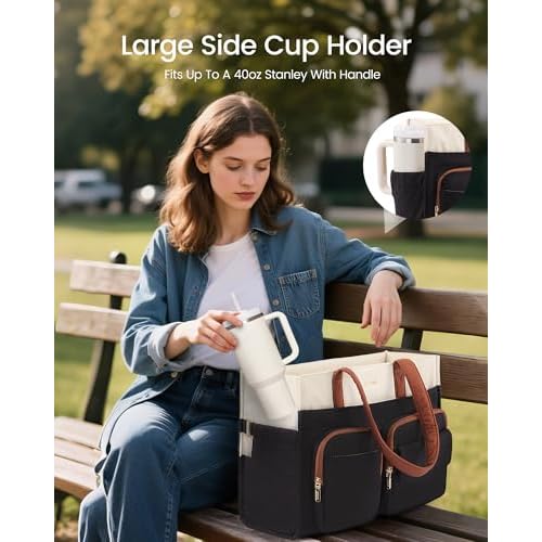 LOVEVOOK Teacher Tote Bag for Women,Multi-pocket Laptop Bag with Large Cup Holder,Nurse Bags Work Travel Computer Handbag