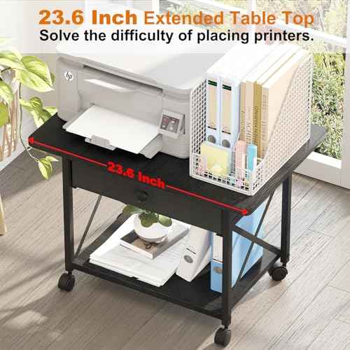 EasyCom 23.6" x 15.7" Extended Desktop Printer Stand with Storage Drawer, 2-Tier Under Desk Shelf Rolling Printer Cart with Wheels, Large Table for Home Office Fits 3D Printer Scanner Black