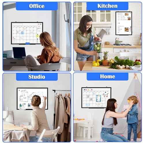 Monthly Calendar Dry Erase Whiteboard, 24" x 18" Magnetic Calendar White Board, Double-Sided Portable Board with Black Aluminium Frame for Office, Kitchen, School, Home