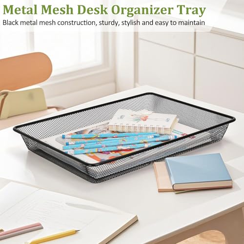 AZFUNN Black Rectangular Metal Mesh Desk Organizer - Paper Letter Tray, Office & Home Use