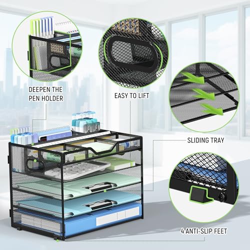 Docnest 5-Tier Mesh Desk Organizer with Removable Tray & Pen Holders, Black, 12.6x9.1x10.3 inches