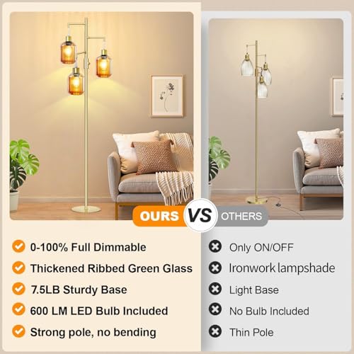 Gold Floor Lamp for Living Room, Modern Mid Century Standing Lamp with Amber Glass Shade, Dimmable Tall Tree Lamp with 3¡¿6W LED Bulbs, Tall Lamp for Bedroom Office