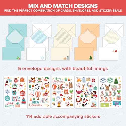 Decorably 50 Pack Foiled 5x7in Assorted Christmas Cards with Envelopes and Stickers, 50 Unique and Festive Designs Bulk Christmas Cards with Envelopes Bulk, with Printed Message Inside