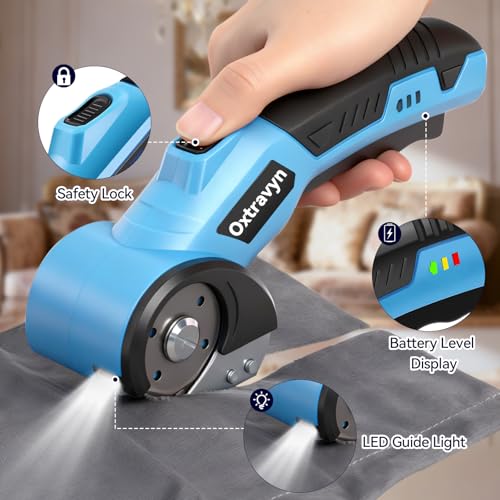Electric Scissors, Box Cutter, Cardboard Cutter, Cordless Electric Scissors, 320RPM Rotary Cutter, 3000mAh Battery, LED Light, 2 Blades, Electric Box Cutter for Fabric Carpet Carton Plastic Leather