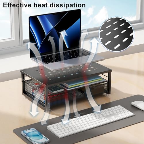 Gianotter Black Monitor Stand Riser with Drawer - Adjustable Desk Organizer