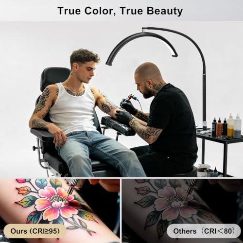Black Half Moon LED Floor Lamp for Lash, Tattoo & Beauty Work - Shadow-Free, Dimmable, Remote Control