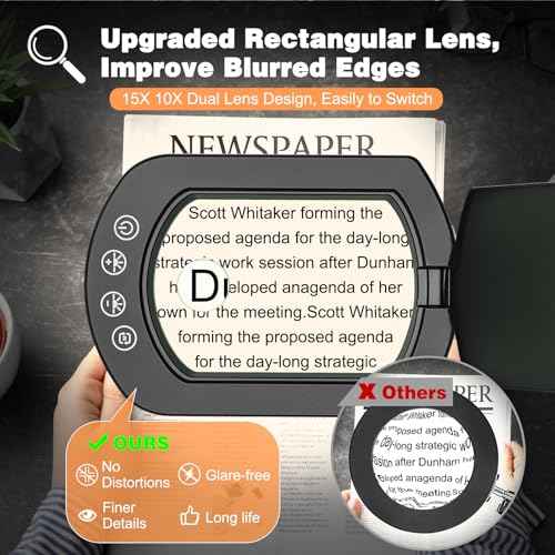 Rectangle Magnifying Glass with Light and Clamp, 15X 10X Desk Magnifying Lamp with Dust Cover, 5 Color Modes Dimmable, 84 LED Real Lens Lighted Magnifier Hands Free, Table Lamp for Repair Crafts Hobby