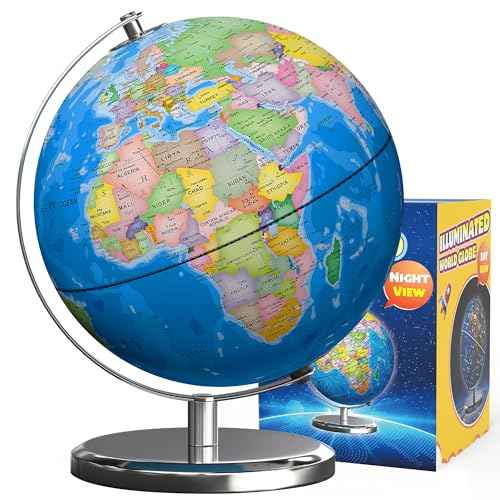 Illuminated World Globe with Stand, 9" Earth Globes with Stable Heavy Metal Base for Kids Classroom Learning, LED Constellation Globe Night Light with HD Printed Map