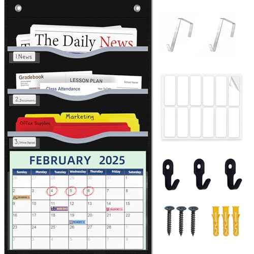4 Pockets Hanging Wall File Organizer 15" Extra Wide Pocket Chart for Classroom, Office, Home, Mail Organizer Wall Mounted with 1 Writable Clear Pocket, 5 Wall/Door Hooks & 12 Labels (Black)