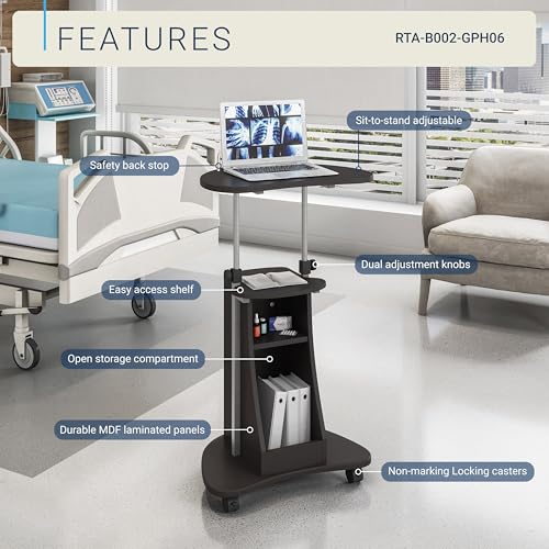 Techni Mobili Black Graphite Adjustable Rolling Laptop Cart with Storage, Height 28-43"