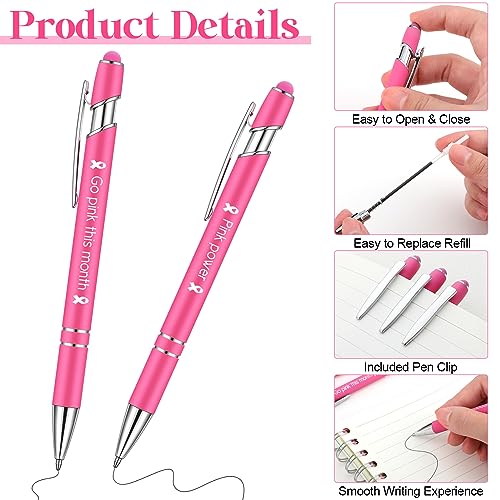 Yeaqee 50 Pieces Breast Cancer Awareness Pink Pens Bulk with 0.5 mm Inspirational Black Ink Retractable Pink Ribbon Ball Point Pens for Public Events Women Girls Gift Office Supplies