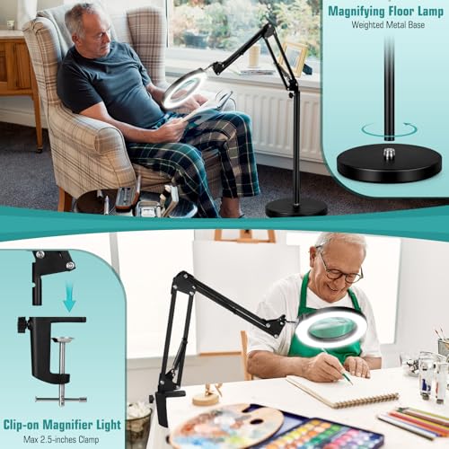 10X Magnifying Glass with Light and Stand, 3-in-1 Adjustable Swivel Arm LED Magnifying Floor Lamp, 5 Color Modes Brightness Stepless Dimming Lighted Magnifier Hands Free with Clamp for Craft, Reading