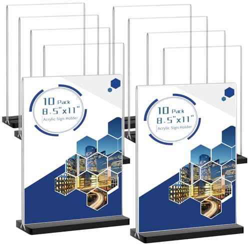 Acrylic Sign Holder 8.5x11, 10 Pack Double Sided Clear Display Stand with Black Base, T-Shape Table Number Holders, Plastic Picture Frames, Menu Brochure Sign Holder for Office, Show Fair, Restaurants