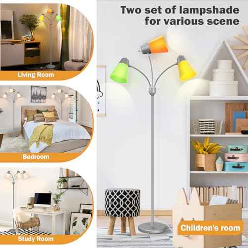 FOLKSMATE LED Floor Lamp, Medusa 3 Head Modern Adjustable Gooseneck Tall Standing Light for Living/Kids Room, Bedroom, Silver Grey