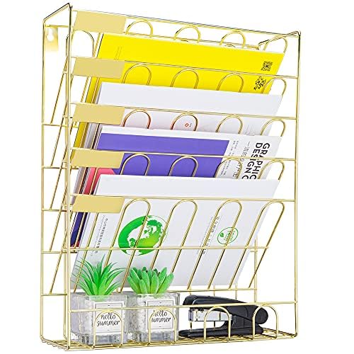 Spacrea Hanging File Holder Organizer - 6 Tier Wall Mount File Organizer for Women, Hanging Wall File for Office, School or Home, Bright Gold