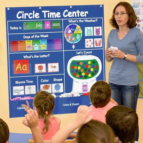 Circle Time Learning Center-Montessori Toy for 3 4 5 Year Old Pocket Chart Calendar Set Learning Calendar Weather,Alphabet,Counting Number,Color,Classroom Calendar Pocket Chart for Homeschool Supplies